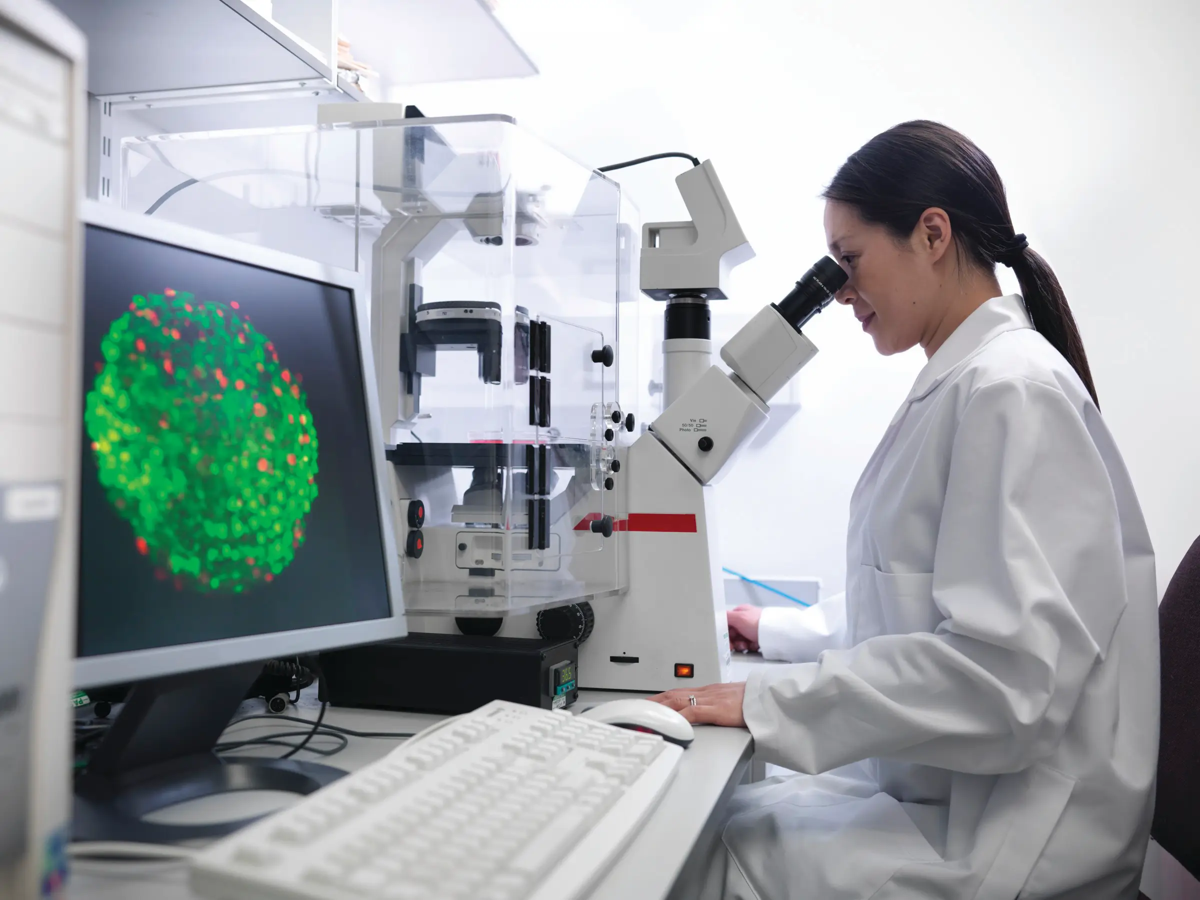 researcher looking through microscope