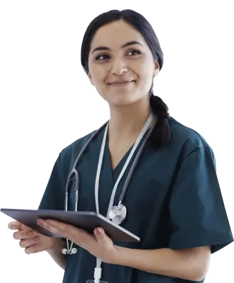 A female nurse attentively holds a tablet, ready to assist with patient care and medical information.