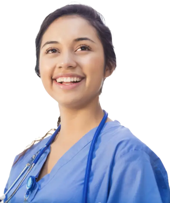 A female nurse smiling warmly, showcasing her dedication and compassion in a healthcare setting.